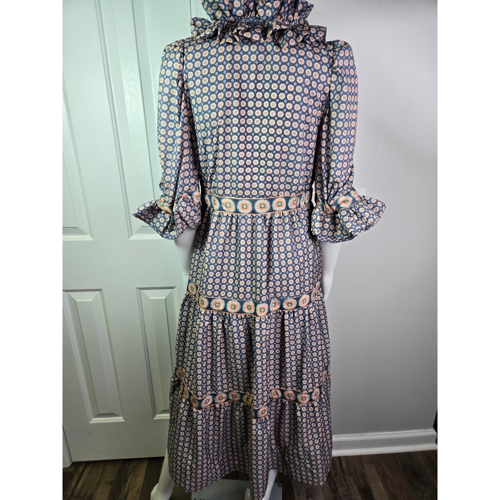 Gretchen Scott Ruffle Collar Tiered Maxi Dress‎ Blue Orange Geometric Floral S - Picture 5 of 12
